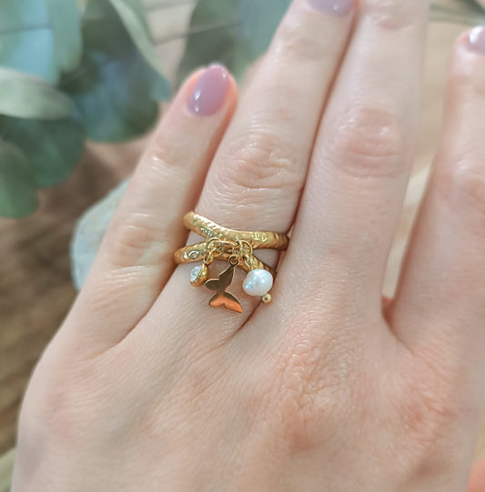 Anel Ajustável em Aço Inoxidável com pendentes