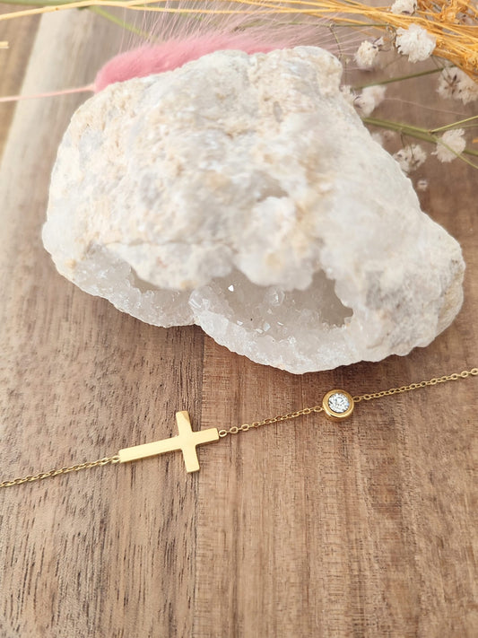 Pulseira em Aço Inoxidável com Cruz e Zircónia