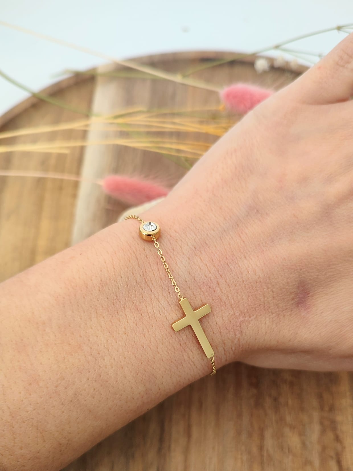 Pulseira em Aço Inoxidável com Cruz e Zircónia
