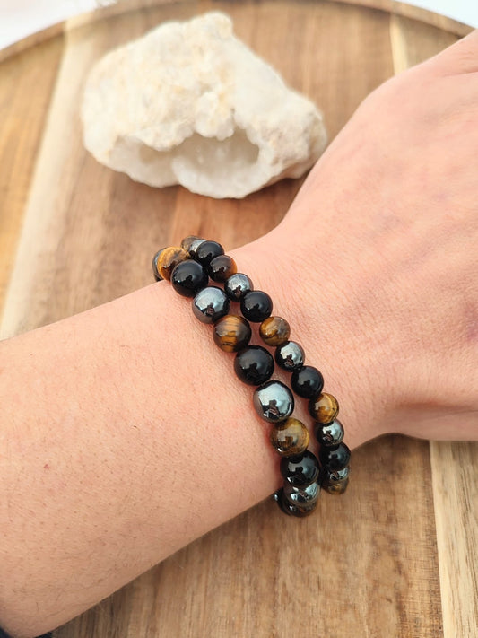 Pulseira Aliança de Proteção - Onix, Olho de Tigre e Hematite