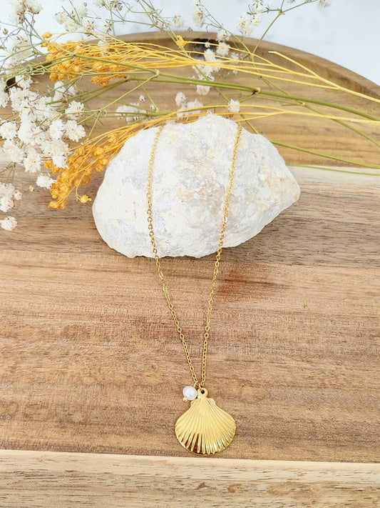 Colar feminino em aço inoxidável com pingente de concha e pequena pérola, joia minimalista inspirada no mar, resistente e elegante.
